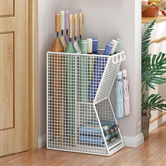 Commercial Metal Umbrella Stand Indoor Large-Capacity Entrance Umbrella Storage Rack with Removable Drip Tray Indoor Hotel Corridor Entrance Metal Stand Rack for Hotel,Offices(White)