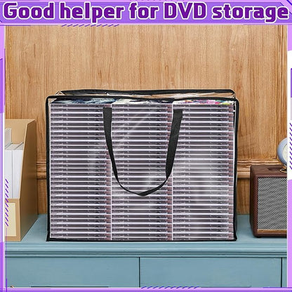 Buryeah 2 Packs Extra Large DVD Storage Bags, Storage Case Holder Organizer Holds up to 360 DVDs Clear Plastic Bags Video with Carrying Handles and Zipper, Media Organizer for Movie VHS(Clear)