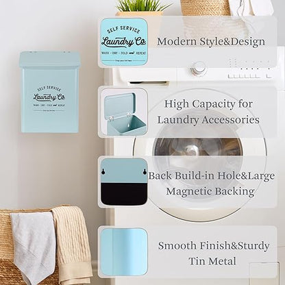 Magnetic Lint Bin for Laundry Room, Metal Trash Can with Lid for Dryer, Farmhouse Lint Holder, Laundry Co Sign, Laundry Room Storage Decor with Dryer Lint Brush (Mint)