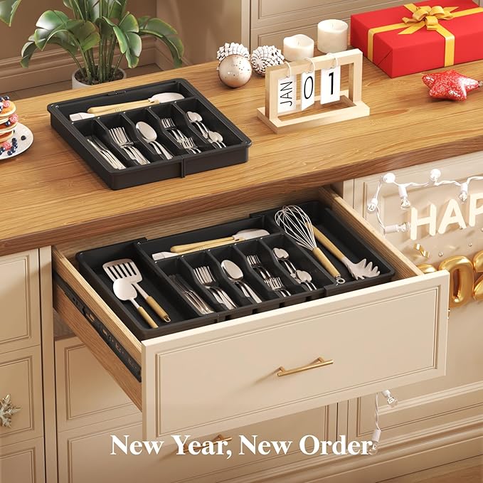 Lifewit Large Silverware Drawer Organizer, Expandable Utensil Tray for Kitchen, BPA Free Flatware and Cutlery Holder, Adjustable Plastic Storage for Spoons Forks Knives, Large, Black