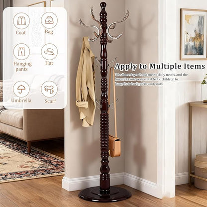 73”Vintage Wooden Coat Rack，With 14 Hooks and Sturdy Round Base.Sturdy and Durable Standing Coat Racks，Adjustable Wooden Freestanding Coat Rack for Porch，Bedrooms (Metal, 1 PCS)