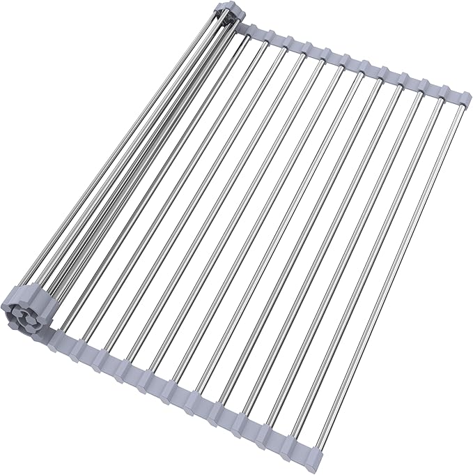 TYZUIAW Roll Up Dish Drying Rack for Over Sink - 17.5"x15.7" Foldable Stainless Steel Kitchen Drainer,Gray