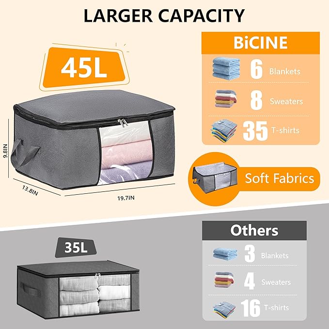 BiCINE 2 Pack Clothes Organizer Storage Bags with Zipper, 45L Foldable Blanket Storage Box with Clear Window Sturdy Handles for Closet, Dorm, Pillows, Bedding, Sweater, Clothing, Gray
