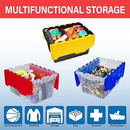 Akro-Mils KeepBox 12 Gallon Storage Container, Nesting and Stackable Plastic Storage Box with Lid Attached, Organizer Tote for Garages, Closets, Moving, 21-1/2" x 15" x 12-1/2", Black/Yellow, 6-Pack