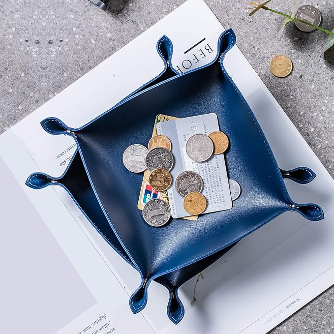 SANQIANWAN Leather Jewelry Valet Tray for Women and Man, Portable Entryway Table Tray Bedside Nightstand Desk Tray Small Catchall Travel Dish Plate for Key,Wallet,Watch,Coin (8x8, Blue-B)