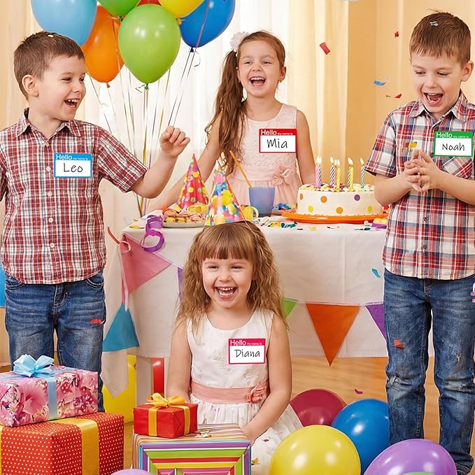 Name Tags Stickers 4 Colorful (Hello My Name is) Border Tag Labels - 200 Stickers (3.5 x 2.25 inch) for School Office and Home