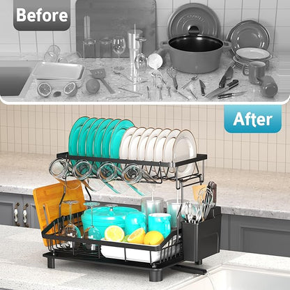 Ricobes Dish Drying Rack - 2 Tier Large Capacity Dish Rack- Dish Racks for Kitchen Counter with Drainboard, Rustproof Dish Drainer with Removable Utensil Holder,Cutting Board Holder,Cup Holder, Black