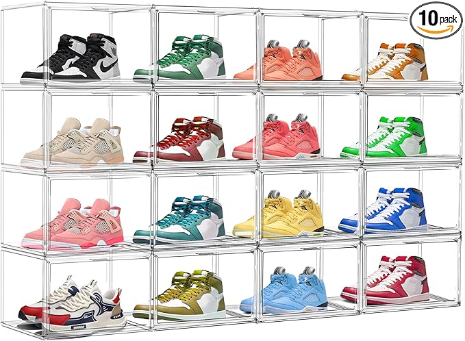 DAYOOH 10 Pack Acrylic Shoe Boxes Stackable, Size 12 Clear Shoe Display Cases Plastic Shoe Container Boxes Sneaker Storage Bins