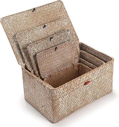 4 Pack, Wicker Baskets with Lids, Nautral Seagrass Storage Baskets, Wicker Storage Baskets for Organizing, Rustic Rectangular Storage Basket, Rattan Storage Organizer for Shelf Whitewash