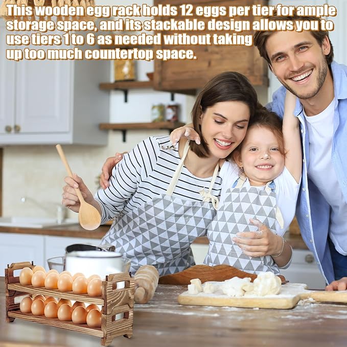 Maxcheck 6-Tier Stackable Egg Holder Wooden Egg Storage Rack with Handles Shelf Storage up to 72 Countertop Organizer for Kitchen, Refrigerator