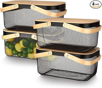 4 Pcs Mesh Steel Basket with Handles and Lids Wire Mesh Basket Garden Baskets for Gathering Vegetables Fruit Harvest Storage Organizer for Kitchen Drying Food(16 Inch,Black)