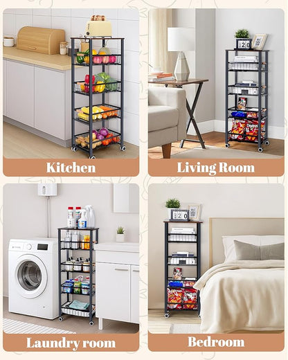 Mythinglogic 5-Tier Rolling Fruit Vegetable Storage Cart with Pull-Out Baskets, Metal Kitchen Organizer, Heavy Duty Utility Rack with Wheels for Pantry, Living Room, Kitchen