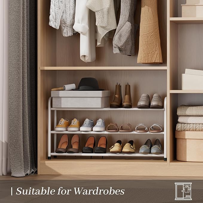 Expandable Shoe Rack, 3-Tier Metal Small Shoe Rack, Adjustable Shoes Organizer, Storage Shelf for Closet, Entryway, White