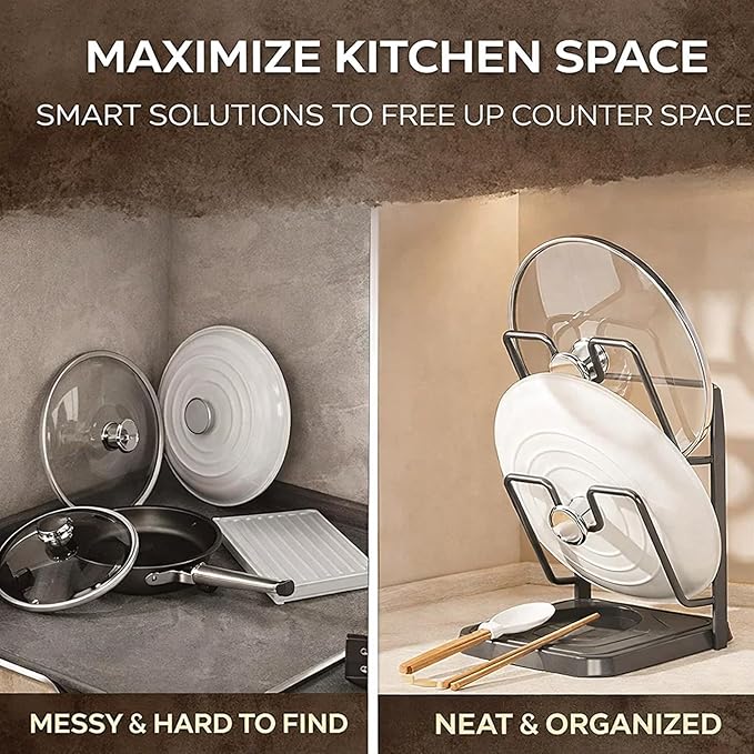 Kitchen Pot Lid Storage Rack with Tray, Multifunctional Kitchen Pot Lid Holder While Cooking, Rust-Resistant Pot Lid Organizer Rack for Counter, Pans & Lids, Prevent Messes, Space-Saving (StyleA)