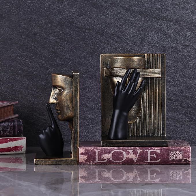 Decorative Bookends Set – Vintage Gold Face Sculptures & Modern Black & White – Resin Book Ends for Shelves, Heavy Book Stoppers, Brass-Look Bookends, Decorative for Home Office (Vintage)