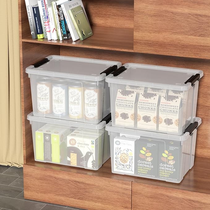 Sandmovie 6 Pack 22 Quart Plastic Clear Storage Box with Wheels, Plastic Latching Bins with Lids