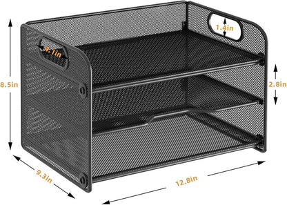 Samstar 3 Tier Letter Tray Paper Organizer with Handle, Mesh Desk Organizer Paper Sorter File Rack Shelves, Black