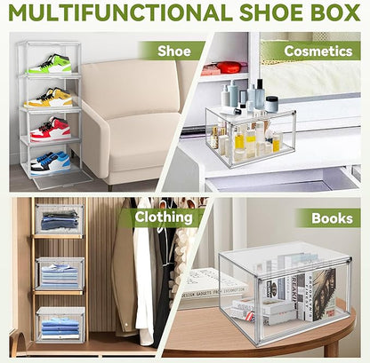 EDS FAM 12 Pack Clear Sneaker Boxes Stackable Shoe Box Size 12.5, Acrylic Shoe Storage Organizer Transparent Storage Bins with Magnetic Acrylic Door for Closet, Sneaker Display, Cosmetic, Figure