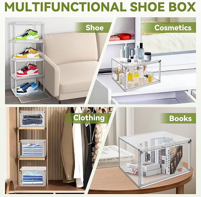 EDS FAM 8 Pack Shoe Storage Organizer for Closet, Size 12.5 Sneaker Display Case Clear Stackable Plastic Shoe Boxes with Magnetic Acrylic Door, Fit up to US Size 12.5