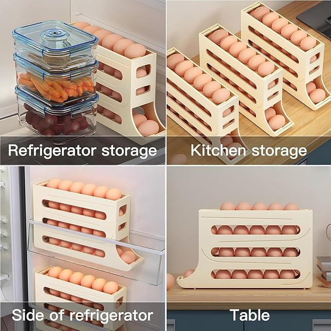 24 Eggs Egg Holder for Fridge,4 Tiers Egg Container,Auto Rolling Fridge Egg Organizer for Refrigerator,Space-Saving Egg Dispenser Holder,Fridge Egg Rack (White, 1pack)