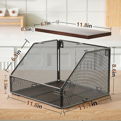 Stackable Fruit Basket for Kitchen Countertop Space Saving, Wall Mounted Mesh Metal Wire Basket with Wood Lid Extra Storage, 2 Pack Kitchen Counter Organizer for Snack, Onion and Potato Storage, Black