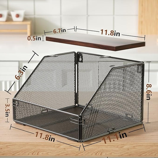 Stackable Fruit Basket for Kitchen Countertop Space Saving, Wall Mounted Mesh Metal Wire Basket with Wood Lid Extra Storage, 2 Pack Kitchen Counter Organizer for Snack, Onion and Potato Storage, Black