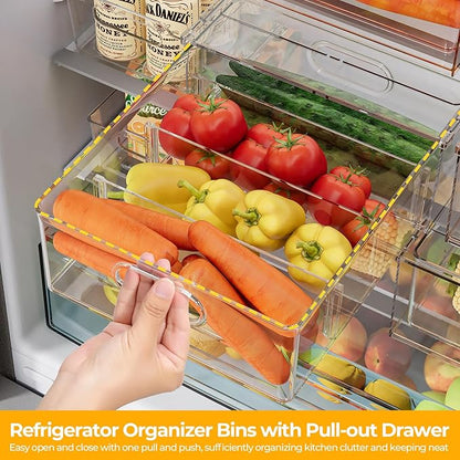 Greenby Refrigerator Organizer Bins with Pull-out Drawer 6 Pack Stackable Clear Fridge Drawer Organizer Fruit Vegetable Storage Containers for Kitchen Pantry Organization (2 Large+4 Medium)