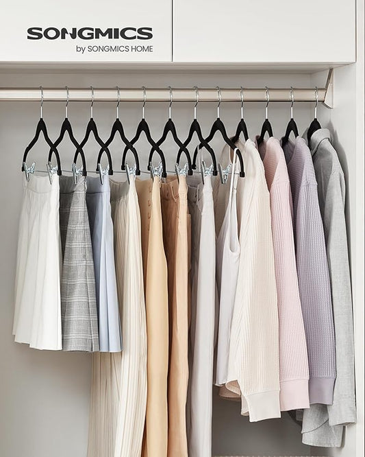 SONGMICS 20-Pack Pants Hangers, 16.7-Inch Long Velvet Hangers with Adjustable Clips, Heavy-Duty, Non-Slip Skirt Hangers, Space-Saving for Pants, Skirts, Coats, Dresses, Black UCRF012B20