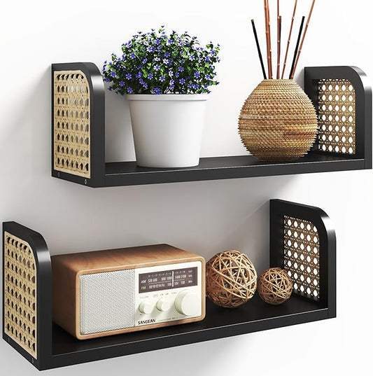 Black Rattan Shelf Set of 2, Nursery Shelves Wall Mounted, Natural Hanging Bookshelf Storage, Boho Decorative Floating Shelves for Kids Room, Living Room, Play Room, Bedroom, Home Decor