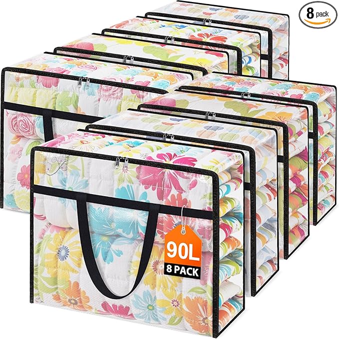 EdenDwell Clear Under Bed Storage Containers - 8 Pack Large Capacity Clothes Storage Bags with Lid & Sturdy Handles, Foldable Moving Bags, Clothing Organizer Totes for Bedding, Comforter, Sheet（90 L）