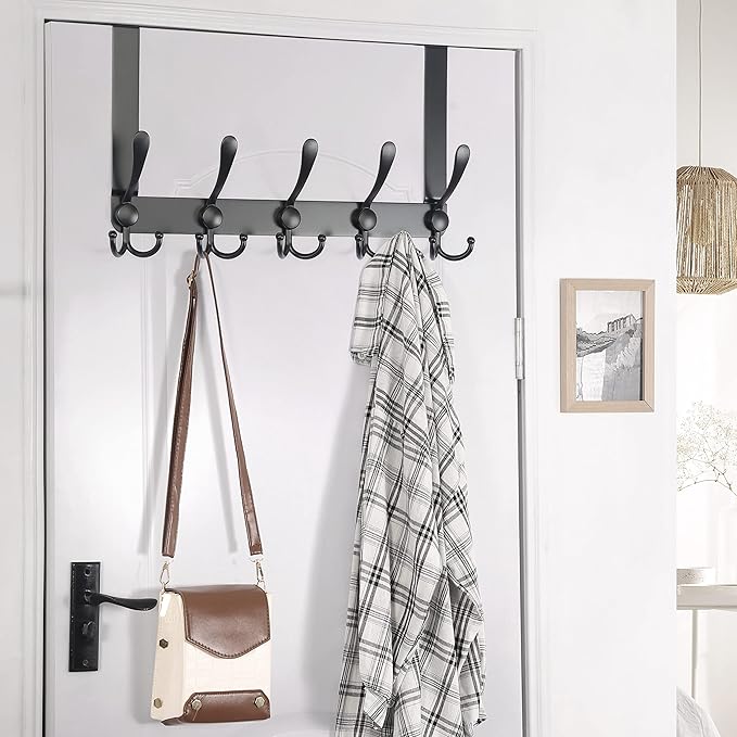 Dseap Over The Door Hook Hanger - Fits 1 3/8" to 1 3/4" Standard Doors | 5 Tri Hooks Heavy Duty Towel/Coat Rack | Door Organizer for Clothes, Jackets, Hats, Towels, Black
