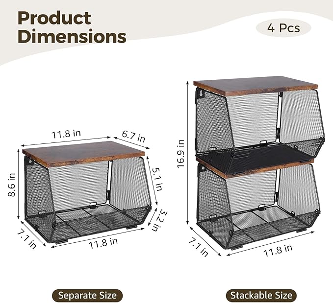 Joyibay 4 Pcs Stackable Fruit Baskets, Metal Mesh Wall Storage Baskets with Wooden Lids, Folding Wire Organizers for Kitchen Counter, Hanging Storage Containers for Snacks, Vegetables