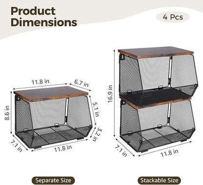 Joyibay 4 Pcs Stackable Fruit Baskets, Metal Mesh Wall Storage Baskets with Wooden Lids, Folding Wire Organizers for Kitchen Counter, Hanging Storage Containers for Snacks, Vegetables