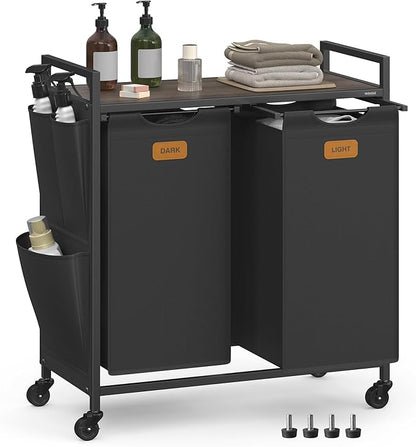 VASAGLE Laundry Hamper, Laundry Sorter Rolling Cart with Shelves, Small Side Pockets, 6 Labels, 2 Compartments, 26.4 Gal. (100 L), Ink Black and Ash Brown UBLH222BH01