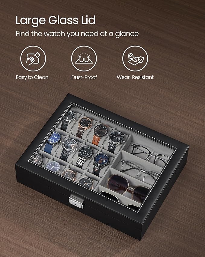 SONGMICS 16-Slot Watch Box, Lockable Storage Case With Glass Lid, Gift Idea, Ink Black Synthetic Leather, Dove Gray Lining UJWB112G01