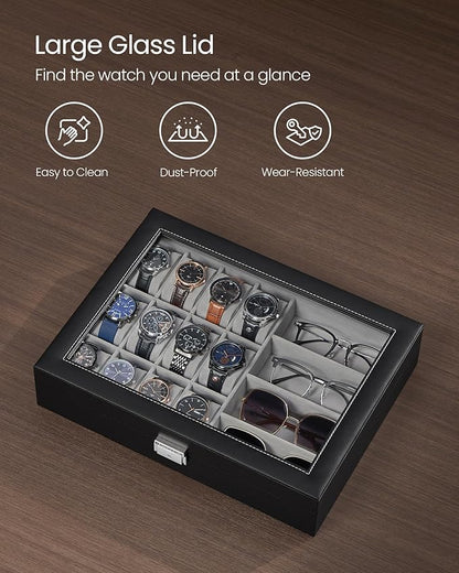 SONGMICS 16-Slot Watch Box, Lockable Storage Case With Glass Lid, Gift Idea, Ink Black Synthetic Leather, Dove Gray Lining UJWB112G01