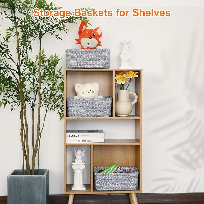 Small Storage Baskets for Organizing, Woven Storage Bins for Shelves, Gift Basket Empty, Cute Decorative Closet Organizer, Baby Rope Basket, Dog Toy Storage, 12.6x8.2x5”, 3Packs Mixed Gray