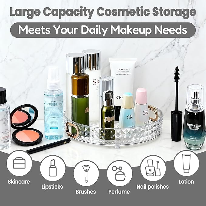 HsaExtriva 360 Rotating Makeup Organizer, Diamond Patterned Large Capacity Skin Care Organizer, Wider Perfume Stand, Makeup Holder for Vanity and Bathroom Countertop, Clear 1 Tier