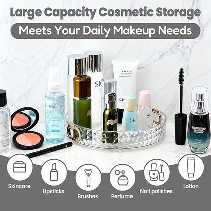 HsaExtriva 360 Rotating Makeup Organizer, Diamond Patterned Large Capacity Skin Care Organizer, Wider Perfume Stand, Makeup Holder for Vanity and Bathroom Countertop, Clear 1 Tier