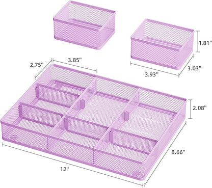 Marbrasse 3 Packs Desk Drawer Organizers, Metal Mesh Dividers with 9 Adjustable Compartments, Pen Organizer for Drawer Tray Box Accessories for Desktop,Kitchen, Makeup(Purple)