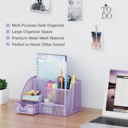 EasyPAG Mesh Desk Organizer with Drawer Multi-functional Pen Holder Stationery Organizer for Office School Supplies 6 Compartments Dorm Organizers and Storage for Desk, Light Purple