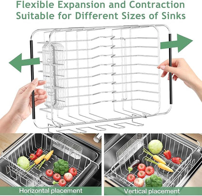 Fanbsy Dish Drying Rack in Sink, Extendable Stainless Steel Dish Drainers for Kitchen Counter, Anti-Rust Dish Dryer Rack with Utensil & Cup Holders, for Inside Sink, Over The Sink