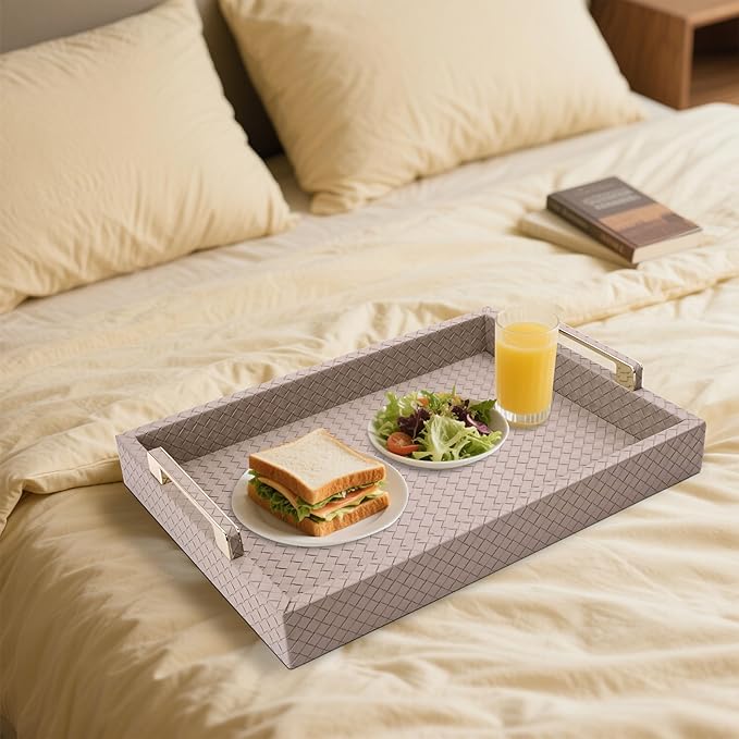 Decorative Serving Tray for Coffee Table, 16"x12" Large Rectangular Ottoman Tray with Gold Handles Faux Leather Serving Trays for Home Decor Living Room, Kitchen and Bedroom -Tan