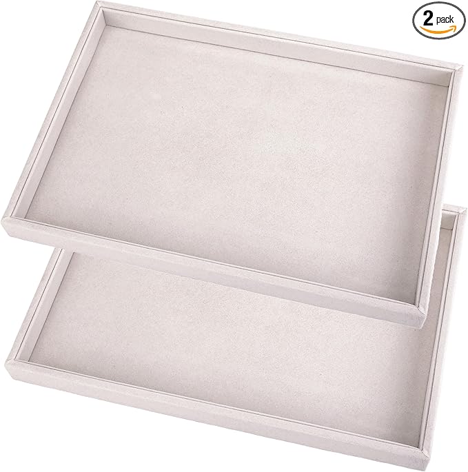 Mornajina 2 Pcs 13.8" x 9.5" Velvet Jewelry Tray Jewelry Display Tray Flat Tray, Stackable Empty Plate Trays for Earrings Necklaces Bracelet Rings Display Showcase - Beige