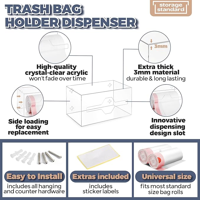 Storage Standard Trash Bag Holder Dispenser - Open Side Acrylic Bags Dispensing Roll Holder, Garbage Liner Holder for Cabinet, Garbage & Under Sink - Organizer for Home or Shops - 10.5" x 5.5" x 5.5"