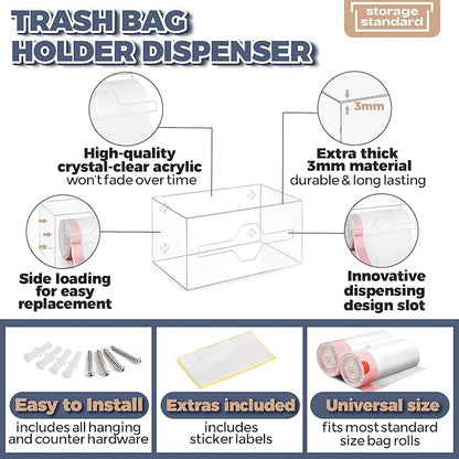 Storage Standard Trash Bag Holder Dispenser - Open Side Acrylic Bags Dispensing Roll Holder, Garbage Liner Holder for Cabinet, Garbage & Under Sink - Organizer for Home or Shops - 10.5" x 5.5" x 5.5"