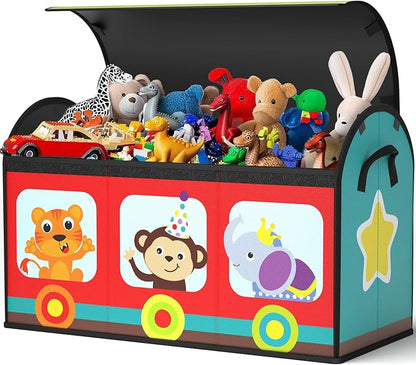 YOHOOLYO Toy Storage Organizer for Kids, 28.3x12.6x17.3 Large Sturdy Flip-Top Toy Box with Fabric Lid & Handles, Cute Train Design Toy Chest Bin Box Baskets for Playroom, Nursery, Boys, Girls