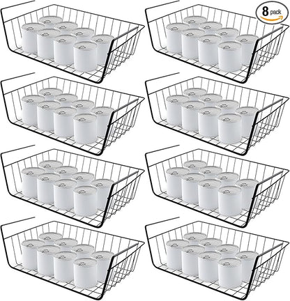 8 Pcs Under Shelf Basket, Hanging Under Cabinet Wire Storage Rack Slides Under Wire Shelves for Counter Pantry Desk Bookshelf,Black
