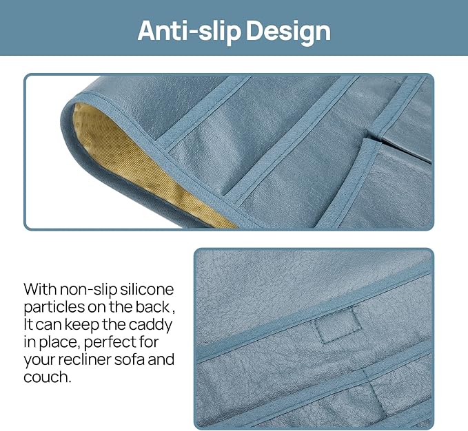 Teniux Remote Control Holder Faux Leather Armrest Organizer with 6 Pockets for recliner couch sofa, Armchair Caddy for Smart Phone, Book, Magazines, Ipad, Remotes (Moonlight Blue)