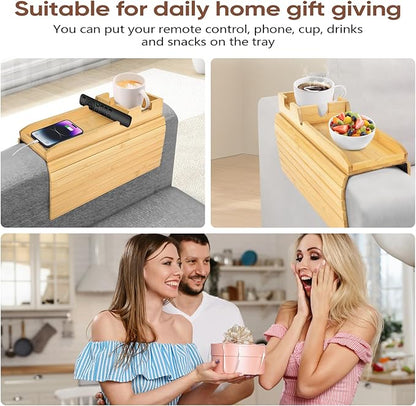 Foldable Bamboo Couch Arm Tray with Cup Holder - Anti-Slip Sofa Armrest Organizer for Drinks, Snacks, Remotes, Phones & More - Eco-Friendly Home Decor Gift (Bamboo)